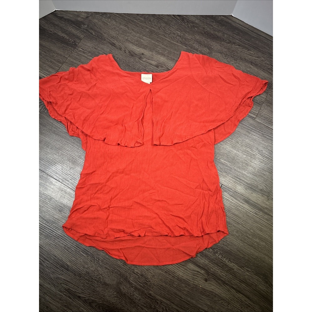Chico's Orange Red Gauze Short Sleeve Shirt Women V-Neck Pullover Sz 0 Drape Top